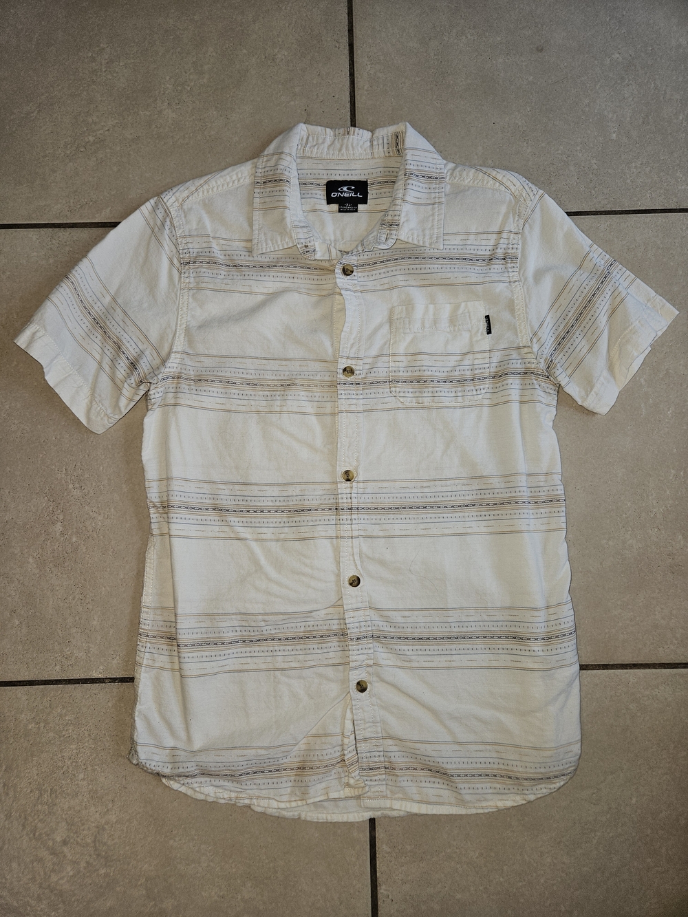 O'Neill Cream Short-Sleeve Button-Down with Subtle Gray Stripes